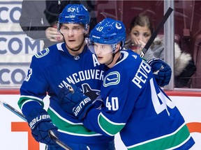 Vancouver Canucks' Bo Horvat, left, and Elias Pettersson, of Sweden, celebrate Horvat's goal against the Los Angeles Kings during the first period of a pre-season NHL hockey game in Vancouver, B.C., on Thursday September 20, 2018.