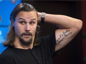 Erik Karlsson talks to the media in Ottawa after he was traded by the Senators to the San Jose Sharks.