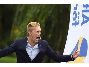 William Hahne, vice chairman of the far-right "Alternative For Sweden" party, speaks at a campaign meeting in Kungstradgarden park in Stockholm, Friday, Sept. 7, 2018.