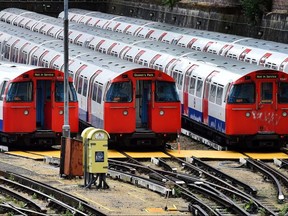 Tube trains are parked at the London Bakerloo line depot in London on August 6, 2015.