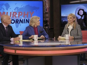 This image released by CBS shows, from left, Joe Regalbuto as Frank Fontana, Candice Bergen as Murphy Brown, and Faith Ford as Corky Sherwood in a scene from "Murphy Brown," premiering Sept. 27.