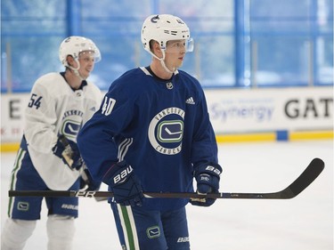Elias Pettersson at Vancouver Canucks 2018 training camp at the Meadow Park Sports Centre in Whistler, BC Friday, September 14, 2018.