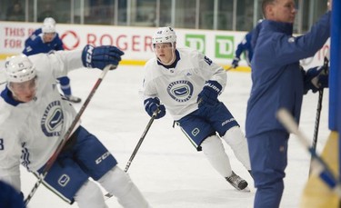 Olli Juolevi at Vancouver Canucks 2018 training camp at the Meadow Park Sports Centre in Whistler, BC Friday, September 14, 2018.
