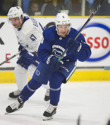 Brendan Leipsic (right) at Vancouver Canucks 2018 training camp at the Meadow Park Sports Centre in Whistler, BC Saturday, September 15, 2018.