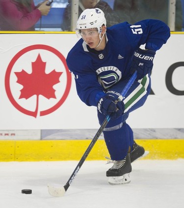 Troy Stecher at Vancouver Canucks 2018 training camp at the Meadow Park Sports Centre in Whistler, BC Saturday, September 15, 2018.