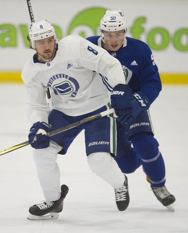 Chris Tanev (left) and Brendan Gaunce at Vancouver Canucks 2018 training camp at the Meadow Park Sports Centre in Whistler, BC Saturday, September 15, 2018.