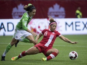 Canada's Desiree Scott, pictured in a 2017 battle with Mexico's Ariana Calderon, will miss the CONCACAF championships with an injury suffered in practice.