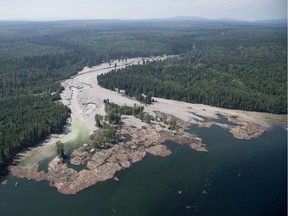 Contents from the Mount Polley tailings-dam collapse are pictured going down the Hazeltine Creek into Quesnel Lake near the town of Likely on Aug. 5, 2014.