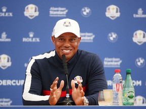 Tiger Woods of the United States attends a press ocnference ahead of the 2018 Ryder Cup at Le Golf National on September 25, 2018 in Paris, France.
