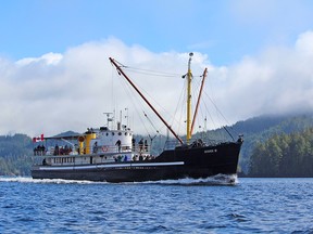 The MV Uchuck III is a 136-foot wooden hull vessel built in 1942 as an American Minesweeper. The ship has been reconditioned with a wood-finished lounge, coffee shop and seating on the open-air upper deck to accommodate 100 passengers.
