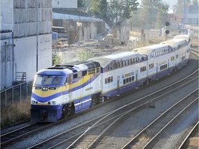 A West Coast Express train travels through Vancouver.