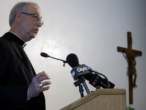 Archbishop Richard Smith discuses sexual abuse and abuse prevention in the Archdiocese of Edmonton during a press conference at St. Joseph Seminary, 9828 84 Street, in Edmonton Wednesday Oct. 10, 2018. Archbishop Smith also read a statement about allegations of sexual misconduct that have been brought against Father Peter Hung Cong Tran during the press conference.
