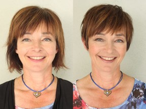 Desiree Tomkulak is a 53-year-old school secretary looking for a new hairstyle. On the left is Tomkulak before her makeover by Nadia Albano, on the right is her after.