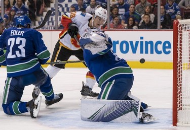 Matthew Tkachuk #19 of the Calgary Flames fires a shot towards the net of goalie Jacob Markstrom #25 of the Vancouver Canucks in NHL action on October, 3, 2018 at Rogers Arena in Vancouver, British Columbia, Canada.