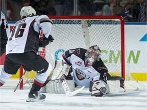 Trent Miner #31 of the Vancouver Giants makes a second period save against the Kelowna Rockets at Prospera Place on October 3, 2018 in Kelowna, Canada.