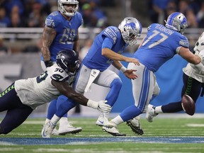 The Seattle Seahawks defence has been stout and forced three turnovers in last week's win in Detroit, including this Matthew Stafford fumble as he's harassed by Seattle's Jarran Reed.