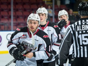 James Malm of the Vancouver Giants skates to the bench to celebrate a first-period goal against the Kelowna Rockets on Oct. 3 at Prospera Place in Kelowna.