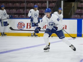 FILE PHOTO - Vancouver Canucks centre Adam Gaudette (88)  at a practice session in between games 1 and 2 during the the Young Stars Classic tournament at the South Okanagan Events Centre Sep 8, 2018.
