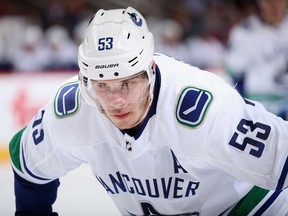 Bo Horvat of the Vancouver Canucks lines up for the draw during last week's game against the Arizona Coyotes in Glendale, Ariz. Horvat’s faceoff efficiency has steadily improved over the years.