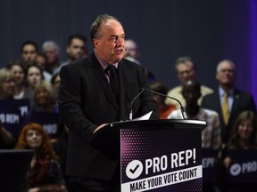 B.C. Green party leader Andrew Weaver speaks at rally in support of Proportional Representation to help kick off the voting period for the referendum for electoral reform.