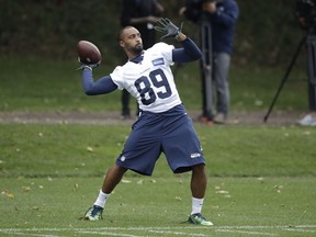 Seattle Seahawks' wide receiver Doug Baldwin takes part in an NFL training session at the Grove Hotel in Chandler's Cross, Watford, England, Thursday, Oct. 11, 2018. The Seattle Seahawks are preparing for an NFL regular season game against the Oakland Raiders in London on Sunday.