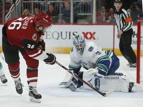 The Vancouver Canucks, thanks to the great play of their goaltenders, including Anders Nilsson making this save in Arizona on Thursday, are above .500 after 11 games, eight of which have been played on the road in this young NHL season.