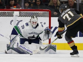 Jacob Markstrom stops William Karlsson during the Canucks' 3-2 shootout win Wednesday.