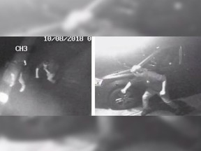 Burnaby RCMP are searching for a pair of suspects who slashed the tires on at least 105 vehicles in the early morning hours of Monday, Oct. 8, 2018. Police have now released surveillance footage and photos.