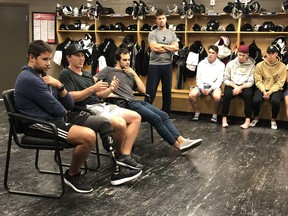 Former Vancouver Giants (l to r) Craig Cunningham, Brendan Gallagher and Neil Manning speak to the current roster during the 2018 training camp.