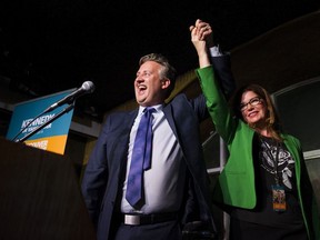 Victorious Vancouver mayoral candidate Kennedy Stewart and wife Jeanette Ashe celebrate his election at the Waldorf Hotel in Vancouver in the early morning hours of Oct. 21.