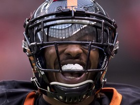 B.C. Lions' defensive back Anthony Orange reacts after intercepting a pass during Saturday's CFL action against the Toronto Argonauts. The Lions built a huge lead and then held on for a 26-23 win at B.C. Place Stadium.