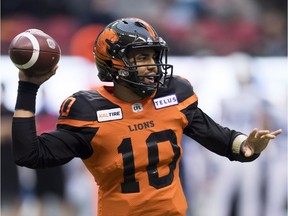 BC Lions quarterback Jonathon Jennings (10) throws the ball during CFL football action against the Toronto Argonauts in Vancouver on Saturday, Oct. 6, 2018.