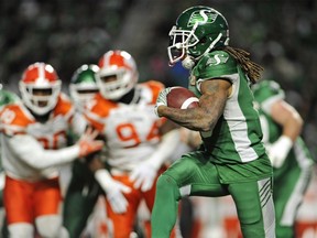 Saskatchewan Roughriders running back Tre Mason runs the ball against the BC Lions during first half CFL action at Mosaic Stadium in Regina on Saturday, Oct. 27, 2018.