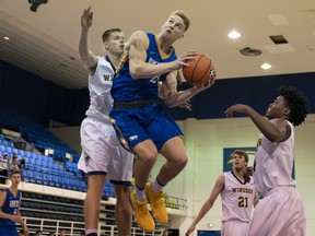 UBC Thunderbirds centre Grant Shephard drives to the hoop against the University of Windsor during U Sports exhibition basketball action at UBC earlier this month. Shephard had 29 points and 12 rebounds in the 86-73 win.