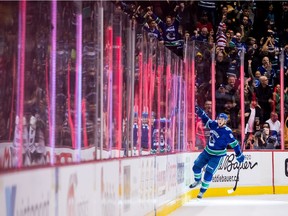 Vancouver Canucks' Jake Virtanen celebrates his goal against the Chicago Blackhawks during the first period.