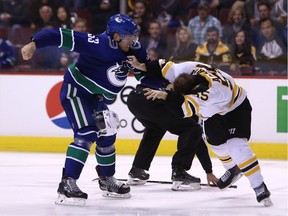 Boston Bruins' Noel Acciari (55) fights Vancouver Canucks' Bo Horvat (53) during second period NHL hockey action in Vancouver on Saturday, Oct. 20, 2018.