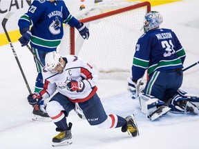 The Capitals' Alex Ovechkin celebrates a goal against the Canucks.