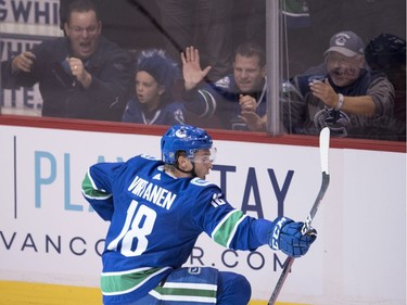 Jake Virtanen celebrates his third period goal Wednesday after taking a bad penalty.