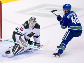 Vancouver Canucks center Elias Pettersson scores past Minnesota Wild goaltender Devan Dubnyk.