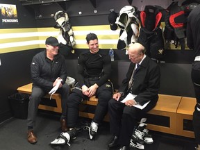 Scott Oake, Sidney Crosby and Bob Cole after the Pittsburgh Penguins morning skate at Rogers Arena on Saturday, Oct. 27, 2018.