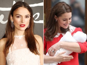 Keira Knightley (L) has criticized Catherine, Duchess of Cambridge (R, with Prince Louis) for looking too good in her post-baby photos.