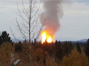 A ruptured pipeline, shown in this photo provided by Jeff Miller, sparked a massive fire north of Prince George, B.C. on Oct. 9, 2018.