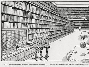 Len Norris cartoon on the RCMP raiding the Vancouver Public Library to remove copies of Henry Miller's controversial novel, Tropic of Cancer.