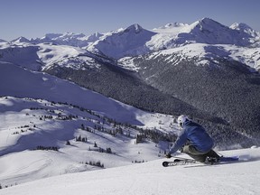 Skiing on the Upper Cloud Nine at Whistler Blackcomb.