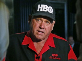 FILE - In this June 13, 2016, file photo, Dennis Hof, owner of the Moonlite BunnyRanch, a legal brothel near Carson City, Nev., is pictured during an interview during a break in the trial of Denny Edward Phillips and Russell Lee Hogshooter in Oklahoma City. Nevada authorities said Tuesday, Oct. 16, 2018, that Hof, a legal pimp who has fashioned himself as a Donald Trump-style Republican candidate has died.