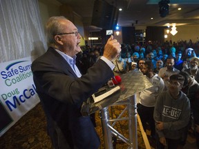 Safe Surrey Coalition mayoral candidate Doug McCallum celebrates his win in the civic election Saturday night, October 20, 2018 in Surrey, BC.