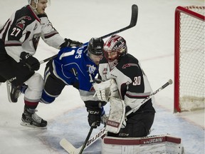 Vancouver Giants goalie David Tendeck, shown guarding the fort against the Victoria Royals during last spring’s playoffs, was a standout over the weekend in playing three games in three nights as the Giants took five of a possible six points.