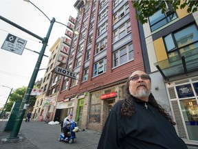 Jack Gates in front of the Regent Hotel in Vancouver on July 30, 2018. Gates used to live in the Regent, and now works as an advocate for tenants.