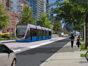 FILE PHOTO: Rendering of Light Rail Transit on 104th Avenue in Surrey, B.C. Rendering provided by Light Rail Transit Surrey Newton Guildford.