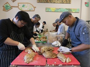 TJ Conwi (right) and Len Jiang (left) after part of a volunteer army at the Union Gospel Mission with Thanksgiving preparations in Vancouver, BC, October, 6, 2018. (Richard Lam/PNG) (For ) 00054868A [PNG Merlin Archive]